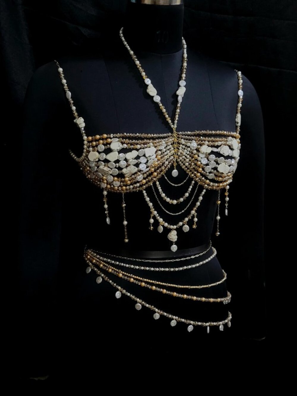 NEW NEVER WORN CUSTOM Gemstone Beaded Bralette beaded Chain & Skirt